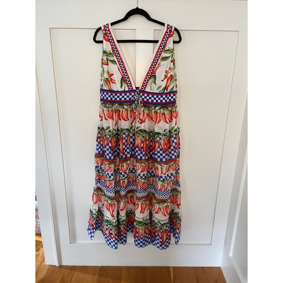 Farm Rio Pepper Print Maxi Dress V Neck Sleeveless Tiered Ruffle XL - Picture 2 of 6